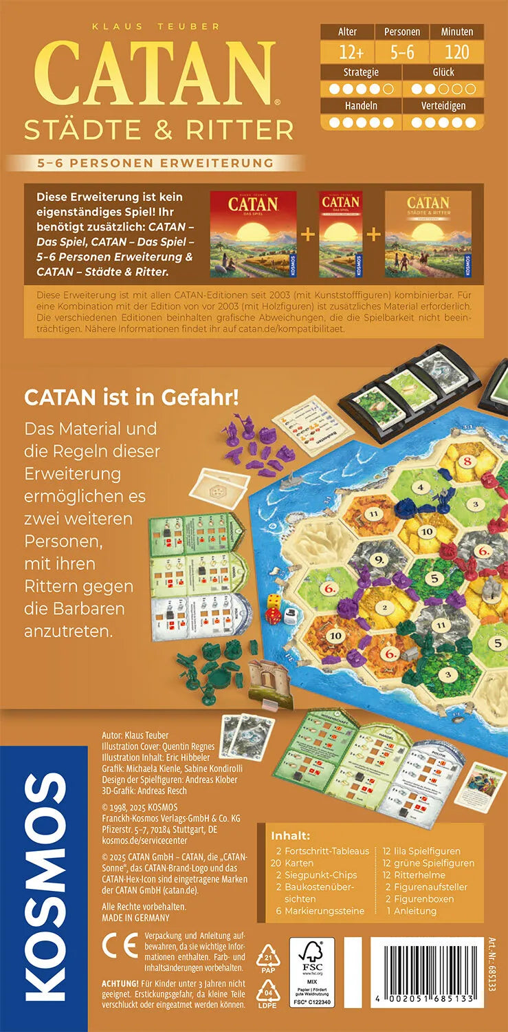 CATAN paplašinājums Pilsētas un bruņinieki 5-6 spēlētājiem ar krāsainiem spēles laukuma elementiem, figūriņām un kārtīm.