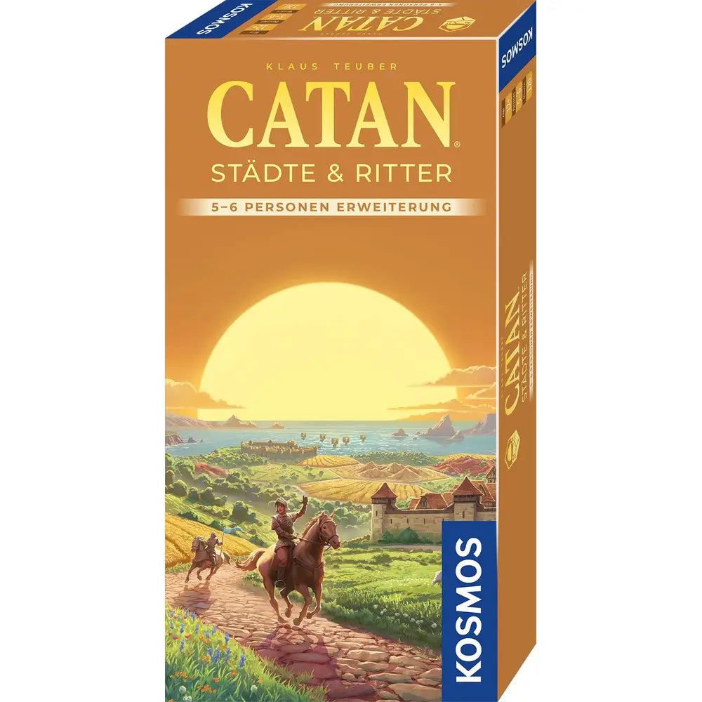 CATAN Pilsētas un bruņinieki 5-6 personām paplašinājuma kaste ar saulrieta ainavu un bruņinieku ilustrāciju.