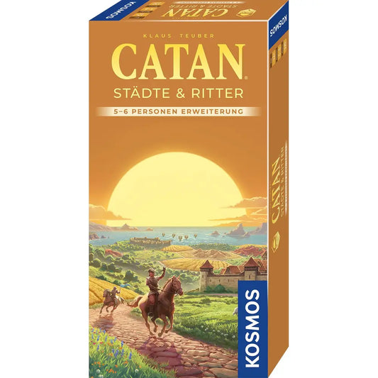 CATAN Pilsētas un bruņinieki 5-6 personām paplašinājuma kaste ar saulrieta ainavu un bruņinieku ilustrāciju.