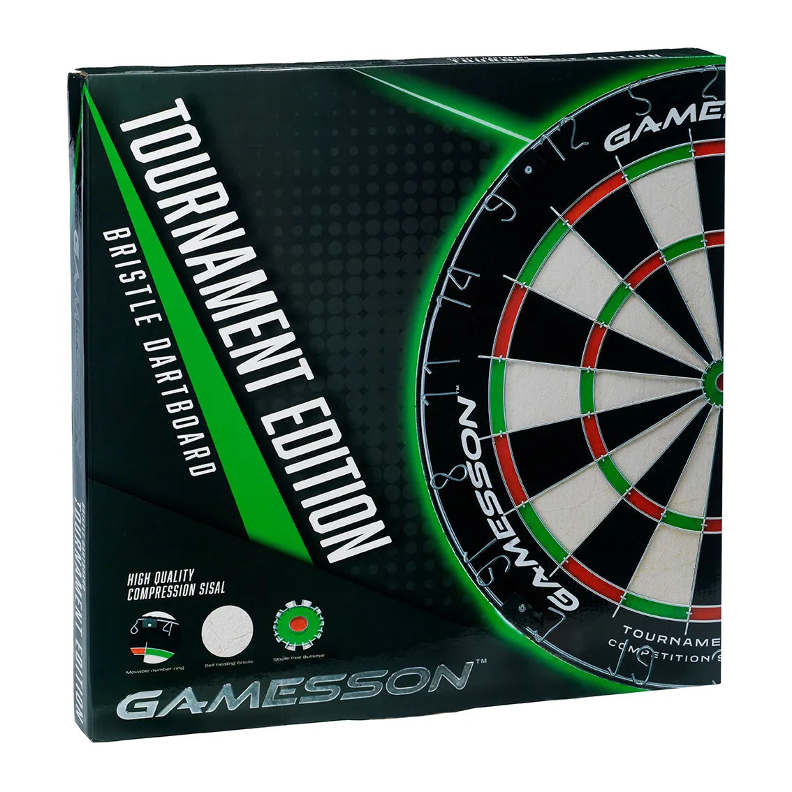 Gamesson Tournament Edition pašatjaunojošs sisala šautriņu dēlis melnā iepakojumā ar noņemamu numuru gredzenu.