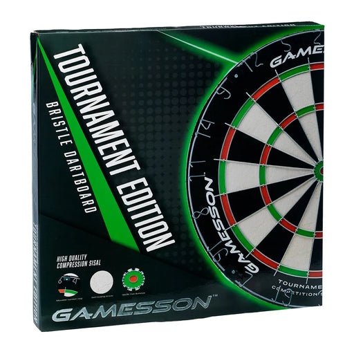 Gamesson Tournament Edition pašatjaunojošs sisala šautriņu dēlis melnā iepakojumā ar noņemamu numuru gredzenu.