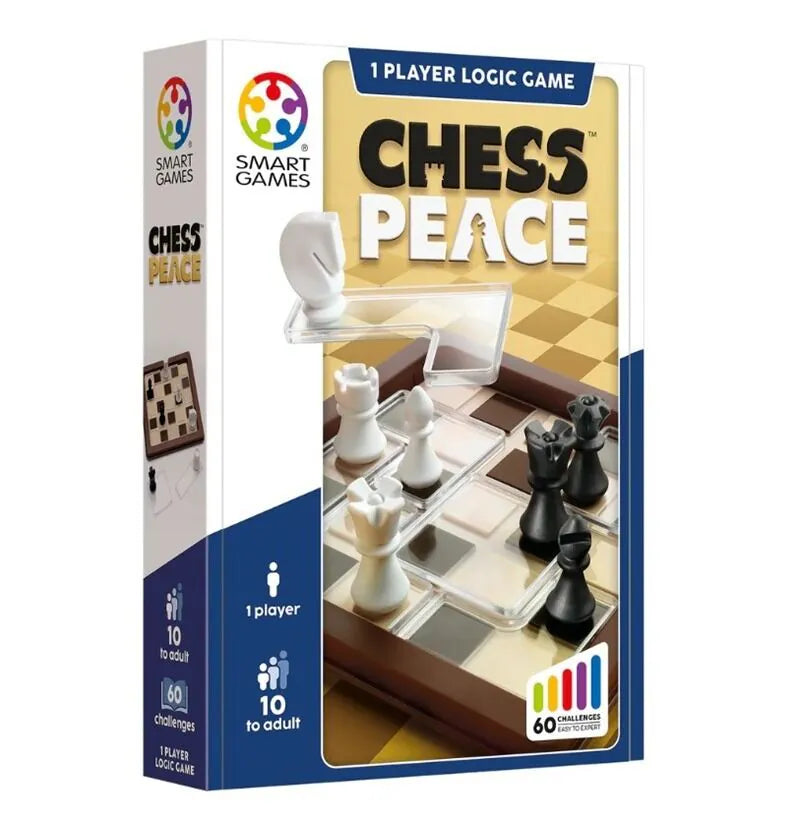 Smart Games Chess Peace loģikas spēle ar melnām un baltām šaha figūrām uz brūna spēles laukuma 60 izaicinājumiem.