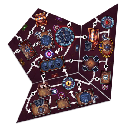 Clank! Catacombs: Underworld spēles laukuma elementi ar tumši violetu fonu, dārgumu lādēm un ceļu norādēm.