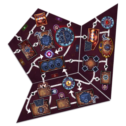 Clank! Catacombs: Underworld spēles laukuma elementi ar tumši violetu fonu, dārgumu lādēm un ceļu norādēm.