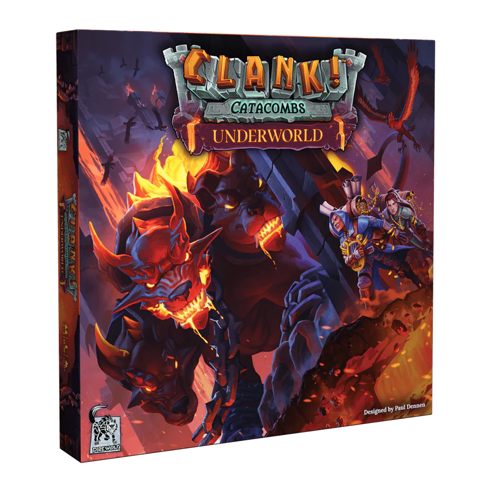 Clank! Catacombs: Underworld galda spēles kaste ar ugunīgu pazemes briesmoni un zagļiem tumšā, fantāzijas stila ilustrācijā.