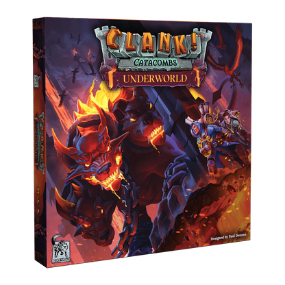 Clank! Catacombs: Underworld galda spēles kaste ar ugunīgu pazemes briesmoni un zagļiem tumšā, fantāzijas stila ilustrācijā.