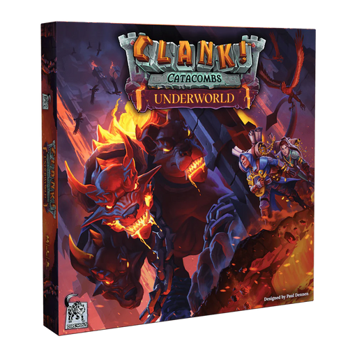 Clank! Catacombs: Underworld galda spēles kaste ar ugunīgu pazemes briesmoni un zagļiem tumšā, fantāzijas stila ilustrācijā.