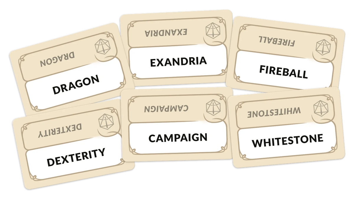 Sešas gaišas Codenames Critical Role kāršu spēles kārtis ar melniem vārdiem un d20 kauliņa simbolu uz balta fona.