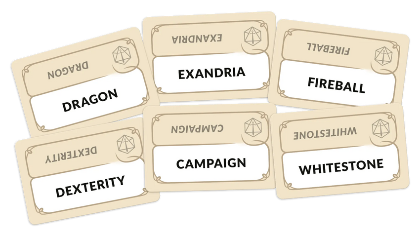Sešas gaišas Codenames Critical Role kāršu spēles kārtis ar melniem vārdiem un d20 kauliņa simbolu uz balta fona.