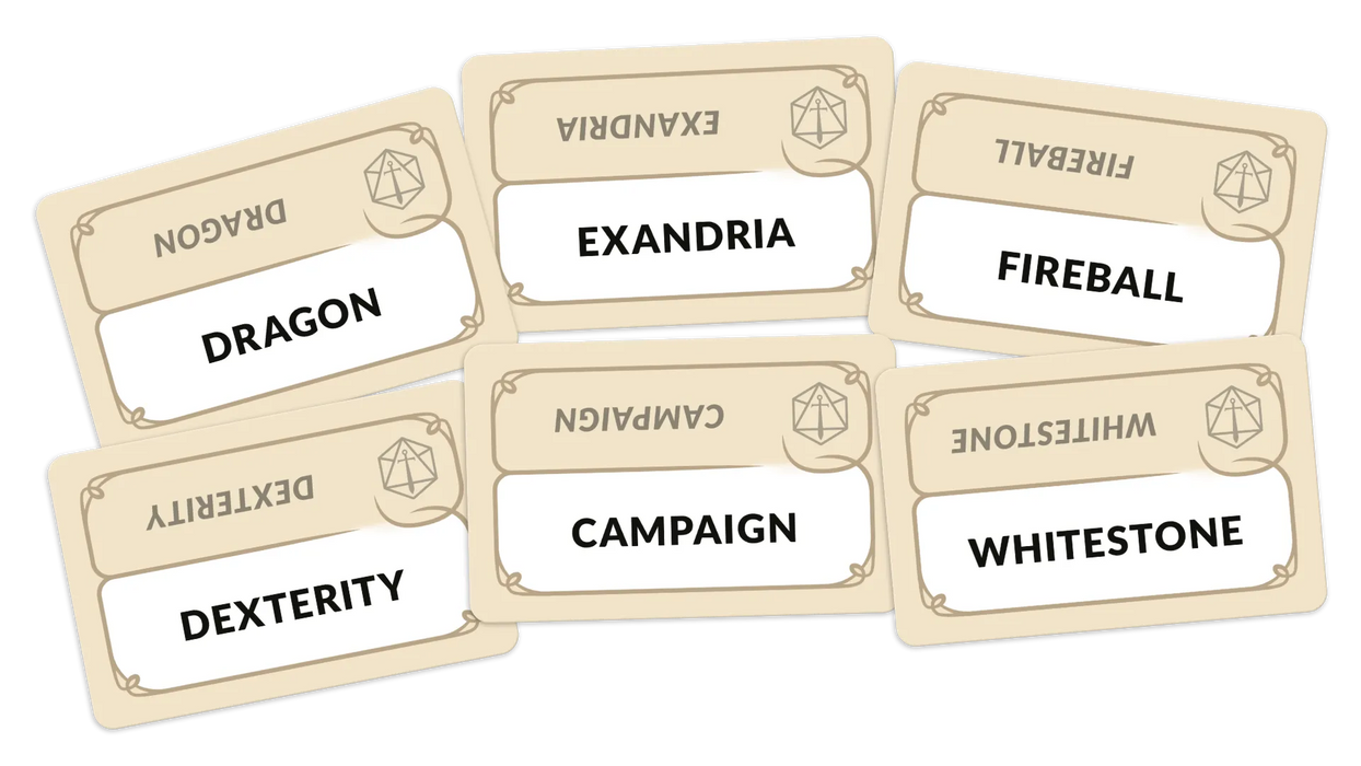 Sešas gaišas Codenames Critical Role kāršu spēles kārtis ar melniem vārdiem un d20 kauliņa simbolu uz balta fona.