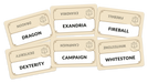 Sešas gaišas Codenames Critical Role kāršu spēles kārtis ar melniem vārdiem un d20 kauliņa simbolu uz balta fona.