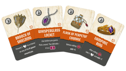 Četras Codenames Critical Role spēles kārtis ar ilustrētiem maģiskiem priekšmetiem un tekstu uz krēmkrāsas fona.