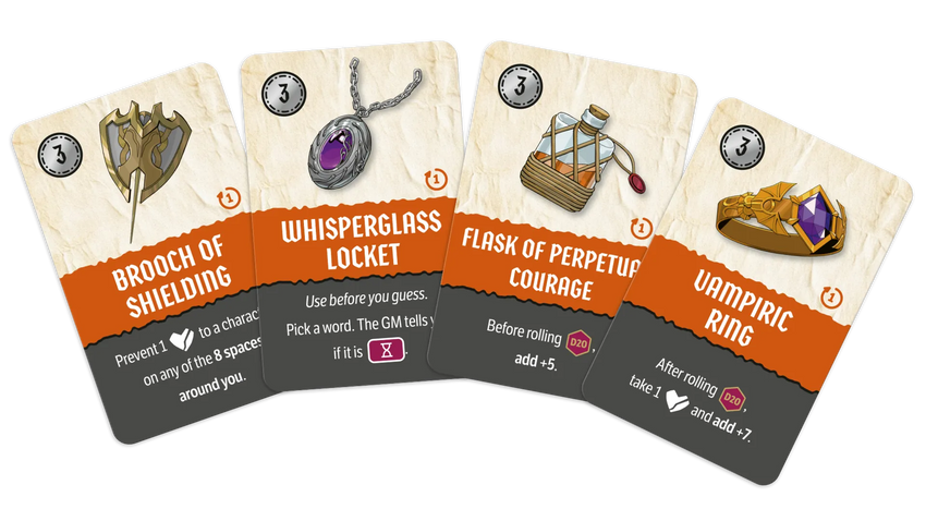 Četras Codenames Critical Role spēles kārtis ar ilustrētiem maģiskiem priekšmetiem un tekstu uz krēmkrāsas fona.