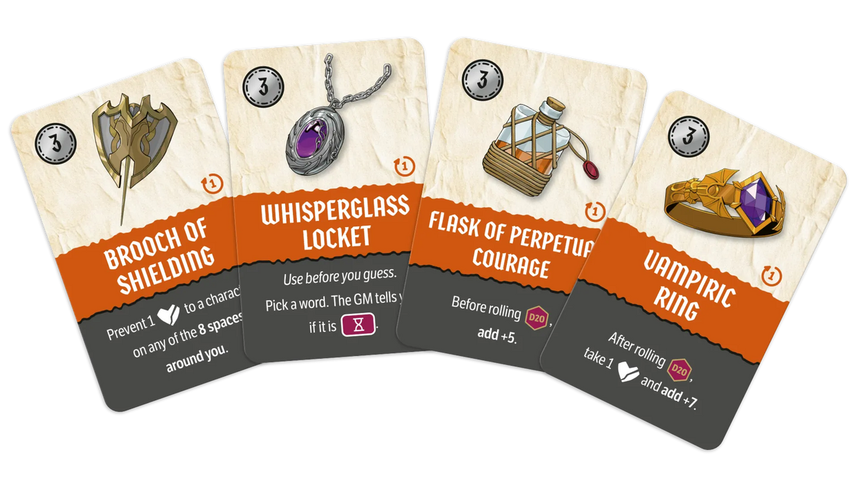 Četras Codenames Critical Role spēles kārtis ar ilustrētiem maģiskiem priekšmetiem un tekstu uz krēmkrāsas fona.