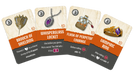 Četras Codenames Critical Role spēles kārtis ar ilustrētiem maģiskiem priekšmetiem un tekstu uz krēmkrāsas fona.