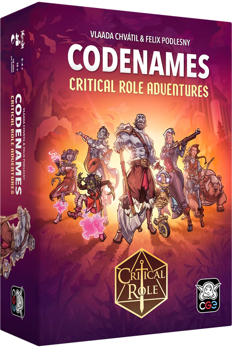 Codenames Critical Role Adventures galda spēles kaste ar krāsainu fantāzijas varoņu ilustrāciju uz purpursarkana fona.