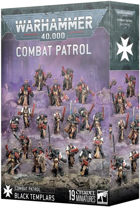 Warhammer 40,000 Black Templars Combat Patrol kaste ar 19 detalizētām plastmasas miniatūrām kaujas spēlēm.