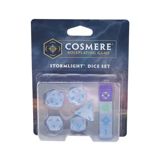 Cosmere RPG Stormlight kauliņu komplekts ar caurspīdīgiem, gaišziliem daudzskaldņu kauliņiem un krāsainiem marķieriem.