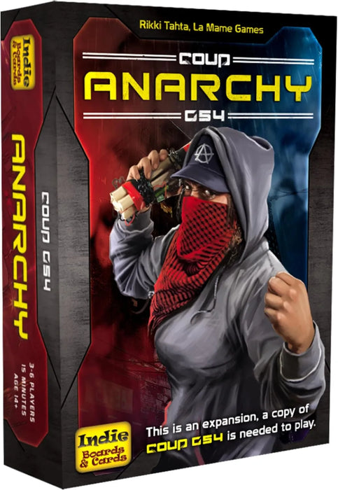 Coup: Rebellion G54 Anarchy galda spēles paplašinājuma kaste ar dumpinieku sarkanā lakatiņā un dinamītu uz tumša fona.