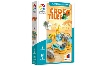 SmartGames Croco Tiles loģikas spēle ar sešstūra laukumiem, dzīvnieku figūriņām un 60 uzdevumu kartītēm.