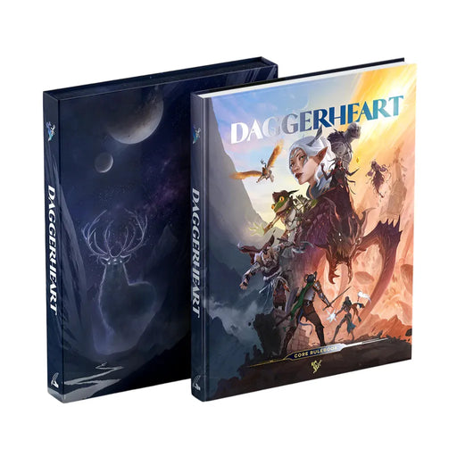 Daggerheart Core Set cieta vāka grāmata un ilustrēta kaste ar magnētisku aizdari un fantāzijas tēlu dizainu.