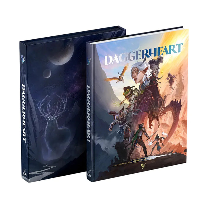 Daggerheart Core Set cieta vāka grāmata un ilustrēta kaste ar magnētisku aizdari un fantāzijas tēlu dizainu.