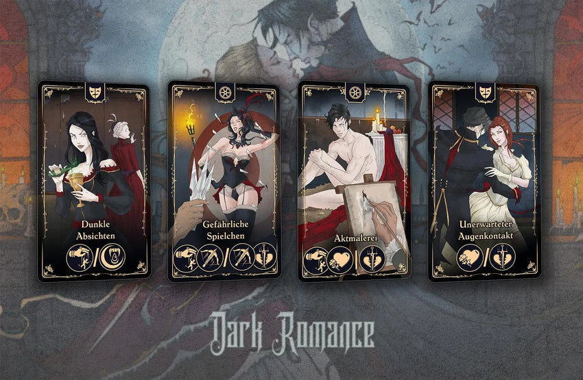 Četras Dark Romance galda spēles kārtis ar Viktorijas laikmeta ilustrācijām, simboliem un tumšu, gotisku dizainu.