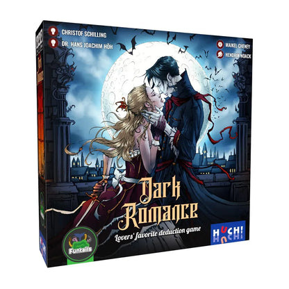 Dark Romance galda spēles kaste ar Viktorijas laikmeta ilustrāciju, kurā attēlots pāris uz pilnmēness fona.