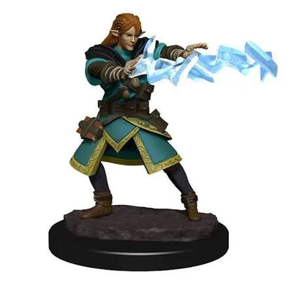 Nolzur’s Marvelous Miniatures elfu burvja figūriņa tirkīza tērpā, kas met zilu maģisku enerģijas efektu uz apaļas pamatnes.