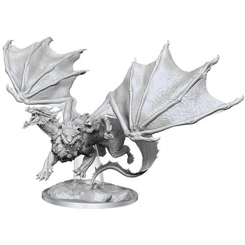 Nekrāsota D&D Chimera miniatūra no plastmasas ar trim galvām, spārniem un detalizētu pamatni galda spēlēm.