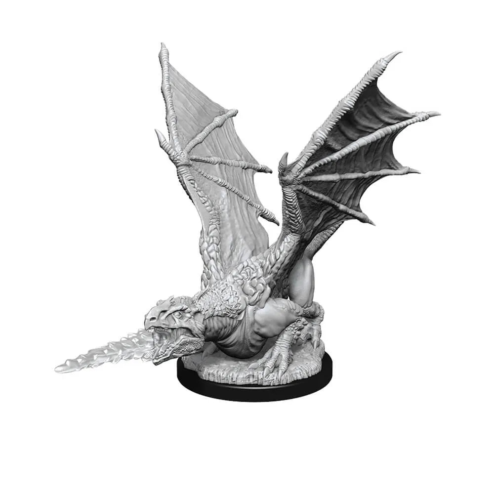 Nekrāsota plastmasas D&D miniatūra: baltais pūķis ar izvērstiem spārniem un ledus elpas efektu uz apaļas pamatnes.