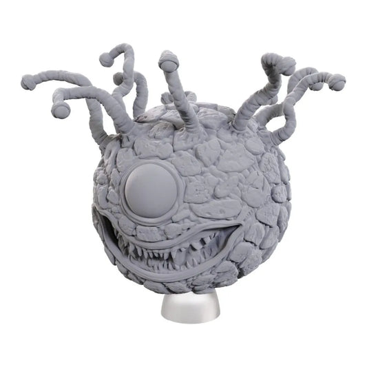 Nekrāsota pelēka Beholder miniatūra ar daudziem taustekļiem un lielu centrālo aci D&D galda spēlei.