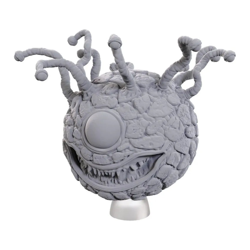Nekrāsota pelēka Beholder miniatūra ar daudziem taustekļiem un lielu centrālo aci D&D galda spēlei.