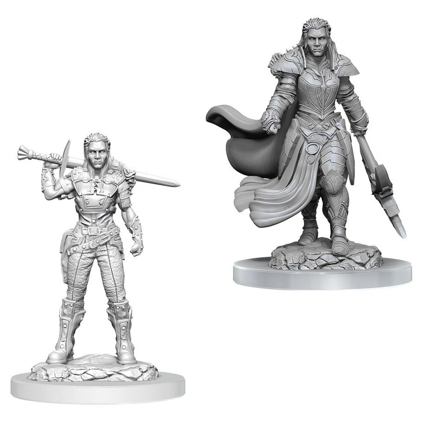 Nekrāsotas pelēkas plastmasas orku karotājas miniatūras ar zobenu un bruņām D&D galda spēlei.