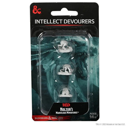 Trīs nekrāsotas Intellect Devourer plastmasas miniatūras D&D galda spēlei oriģinālajā iepakojumā.
