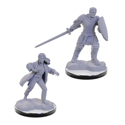 Nolzur’s Marvelous miniatūras: pelēkas plastmasas paladīns ar zobenu un vairogu un burvis uz apaļām pamatnēm.