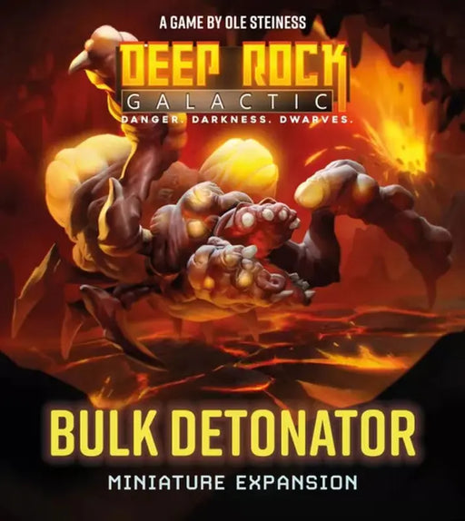 Deep Rock Galactic galda spēles paplašinājums ar milzīgu, brūnu Bulk Detonator miniatūru uz lavas fona.