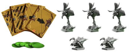 Deep Rock Galactic Goo from Above paplašinājuma spēļu kārtis, zaļi žetoni un pelēkas Glyphid Menace un Goo Bomber figūriņas.