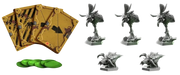 Deep Rock Galactic Goo from Above paplašinājuma spēļu kārtis, zaļi žetoni un pelēkas Glyphid Menace un Goo Bomber figūriņas.