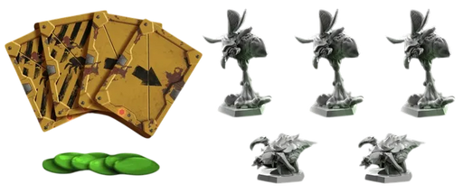 Deep Rock Galactic Goo from Above paplašinājuma spēļu kārtis, zaļi žetoni un pelēkas Glyphid Menace un Goo Bomber figūriņas.