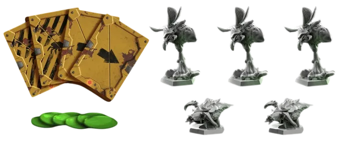 Deep Rock Galactic Goo from Above paplašinājuma spēļu kārtis, zaļi žetoni un pelēkas Glyphid Menace un Goo Bomber figūriņas.