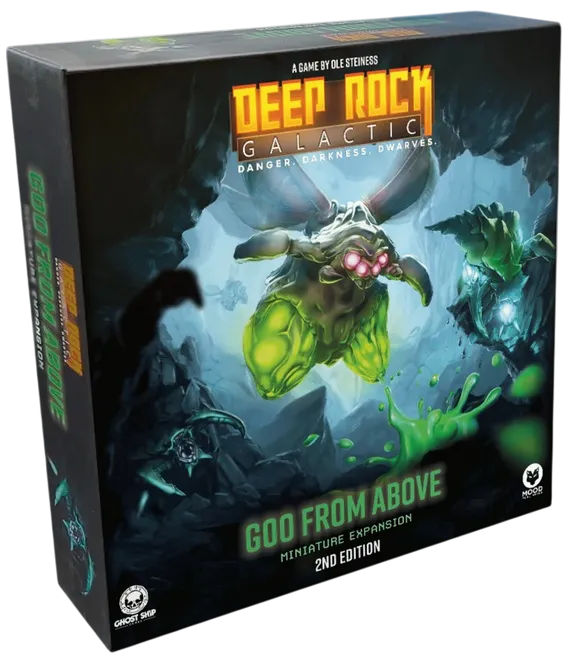 Deep Rock Galactic Goo from Above 2. izdevuma galda spēles kaste ar zaļām radībām uz tumša alu fona.