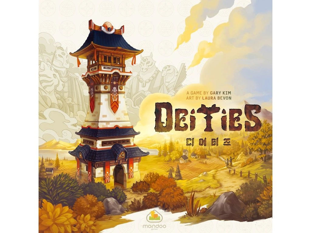 Galda spēles Deities kaste ar ilustrētu austrumu stila torni, siltām rudens krāsām un stilizētiem dievību tēliem fonā.