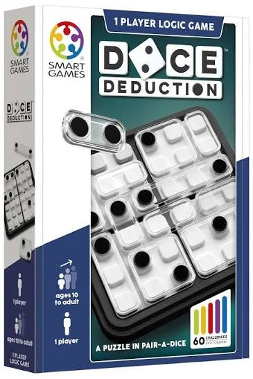 SmartGames Dice Deduction loģikas spēle ar melnu pamatni, caurspīdīgiem elementiem un baltiem kauliņiem 60 uzdevumiem.