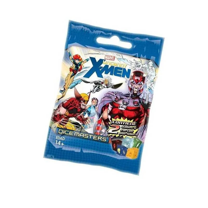 Dice Masters Uncanny X-Men papildinājuma paciņa ar Marvel varoņiem, diviem spēļu kauliņiem un kārtīm.