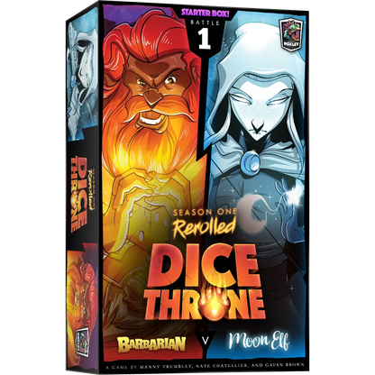 Dice Throne galda spēles kaste ar Barbara un Mēness elfa ilustrācijām uz melna fona.