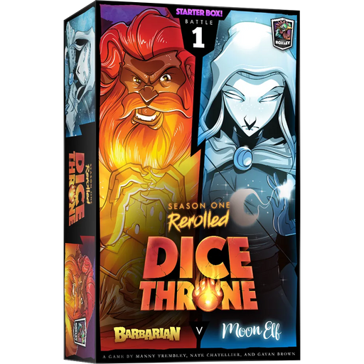 Dice Throne galda spēles kaste ar Barbara un Mēness elfa ilustrācijām uz melna fona.