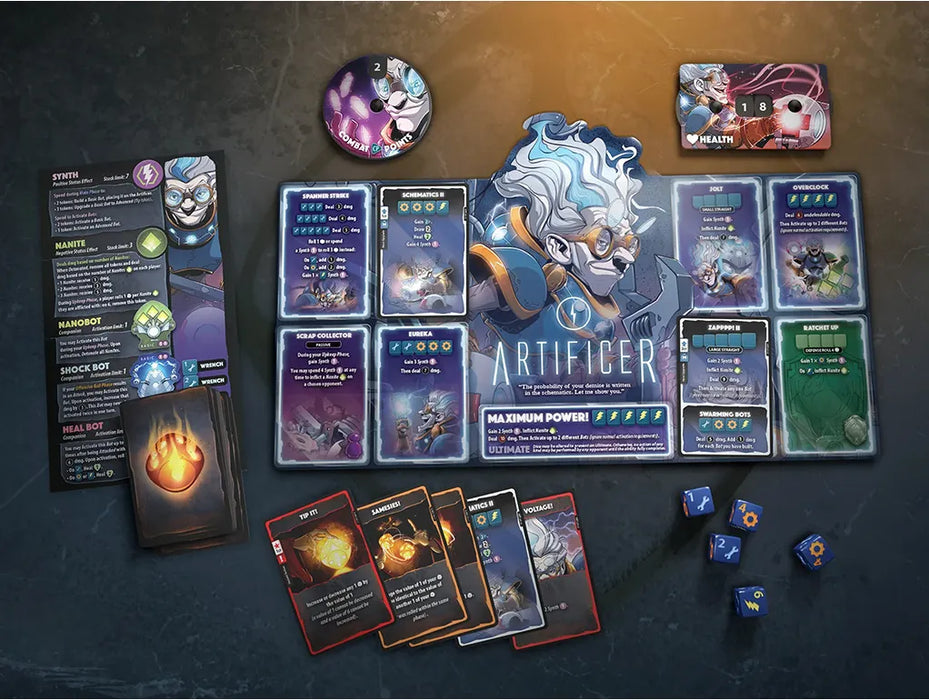 Dice Throne Artificer varoņa komplekts ar spēļu kārtīm, metamajiem kauliņiem, veselības skaitītāju un taktisko spēles planšeti.