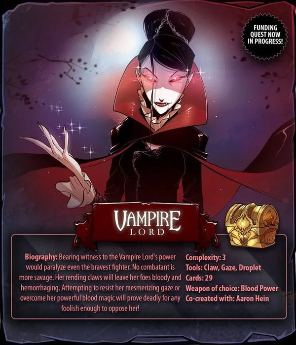 Dice Throne Vampire Lord varoņa karte ar tumšu, gotisku ilustrāciju un spēles statistikas aprakstu.