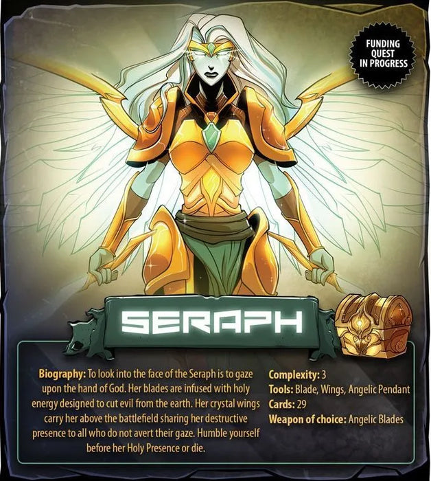 Dice Throne Seraph varoņa karte ar zeltītām bruņām, mirdzošiem spārniem un zobeniem spēles apraksta fonā.